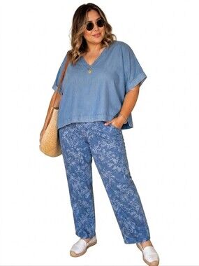 Denim & Co‎ Blue Floral Pull-On Stretch Jeans Plus Size 2X Comfycore